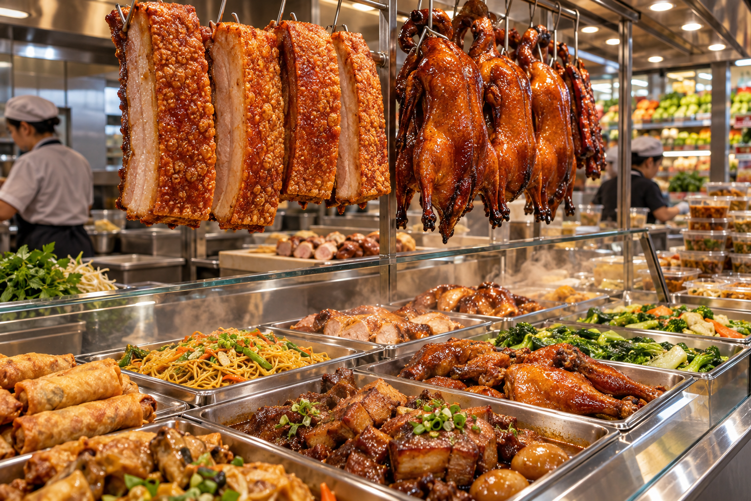 A mouthwatering Vietnamese supermarket hot deli counter featuring crisp roast pork and roast ducks