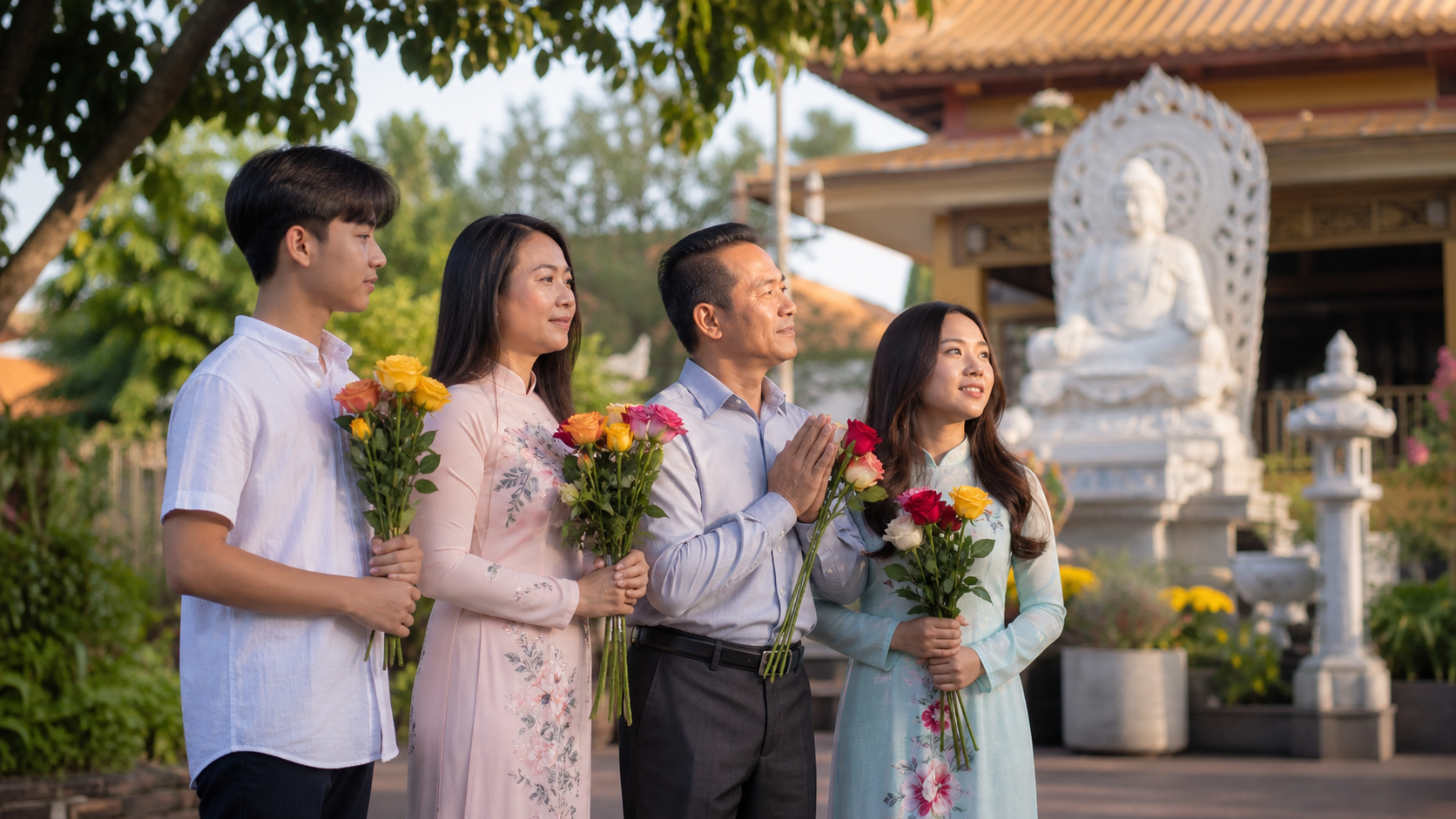 Vietnamese American family holding flowers near a peaceful temple during Vu Lan season