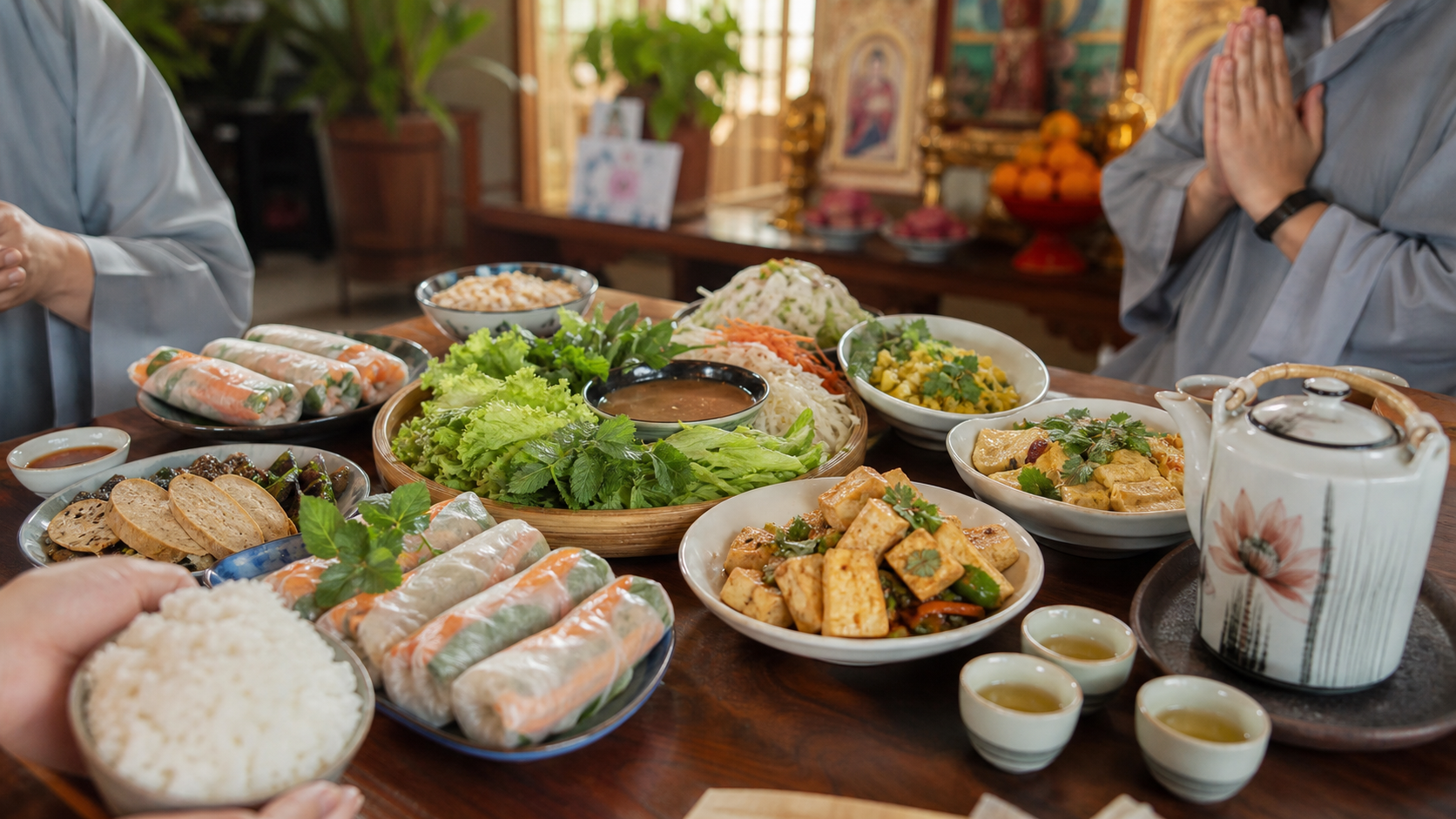 Vietnamese vegetarian food table with tofu dishes, herbs and tea for Vu Lan