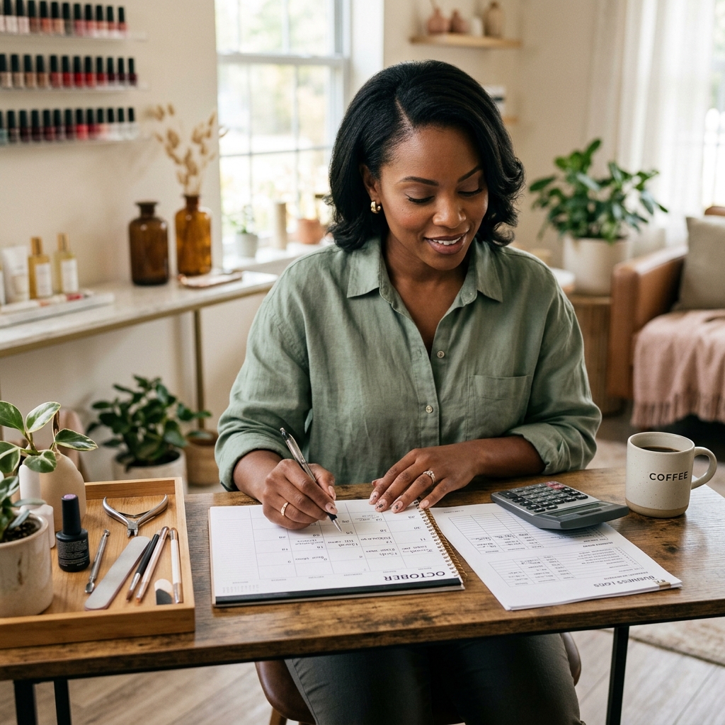 Nail tech comparing paperwork and work options