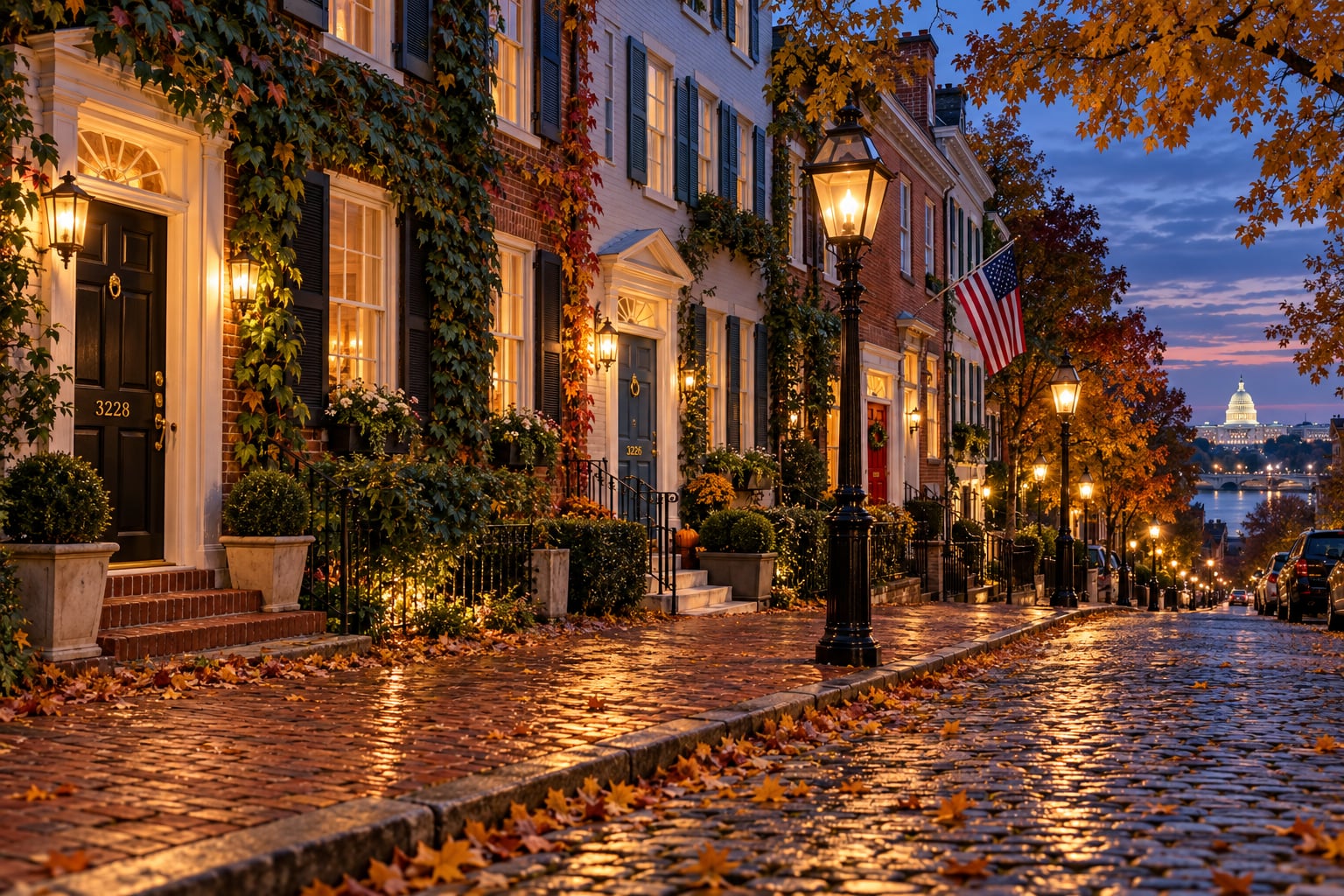 An eye-level atmospheric evening photograph of a picturesque residential street in historic Georgetown Washington DC at blue hour twilight, showing vintage cast-iron gas street lamps glowing with warm amber light along red-brick sidewalks and cobblestone streets, charming 18th-century Federal-style rowhouses with colorful painted wooden doors