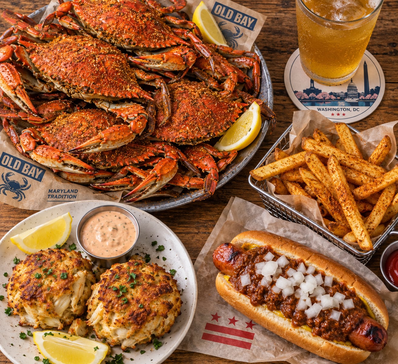 An overhead flat-lay food photograph of an authentic Washington DC and Mid-Atlantic regional feast arranged on a rustic wooden table, featuring a platter of steamed Maryland blue crabs coated in red Old Bay seasoning, two golden-brown jumbo lump Maryland crab cakes with lemon wedges and creamy remoulade, a classic grilled DC half-smoke sausage loaded with chili sauce and diced onions in a toasted bun