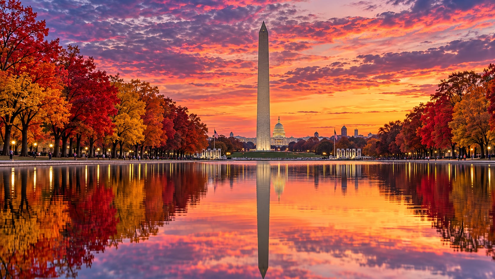 A wide-angle landscape photograph of the National Mall in Washington DC during peak autumn, looking across the serene Lincoln Memorial Reflecting Pool toward the towering Washington Monument and the distant Capitol dome