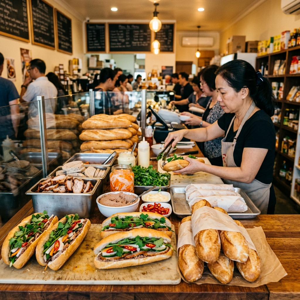 Vietnamese bakery counter with bánh mì and baguettes