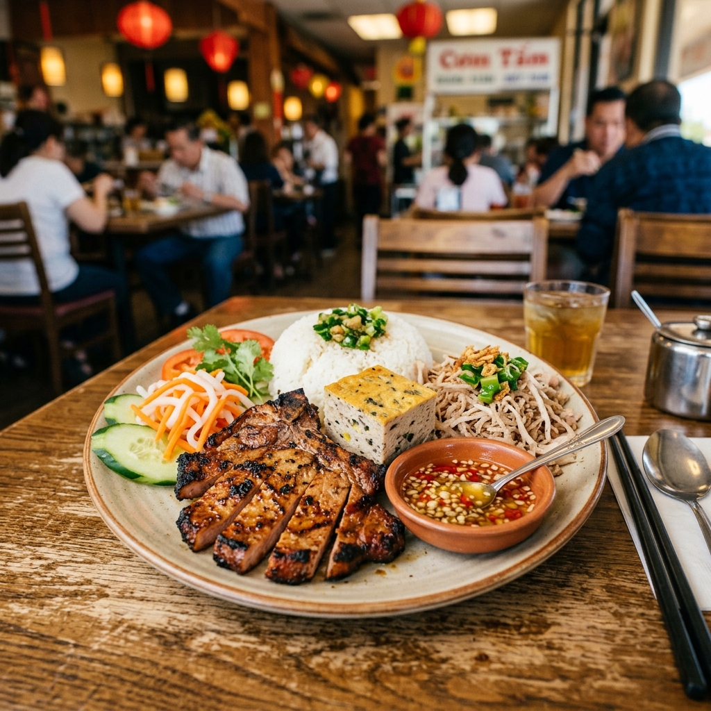 Cơm tấm broken rice plate with grilled pork and egg