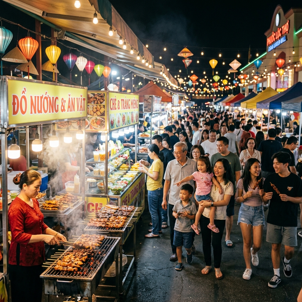 Little Saigon night market food scene with evening lights
