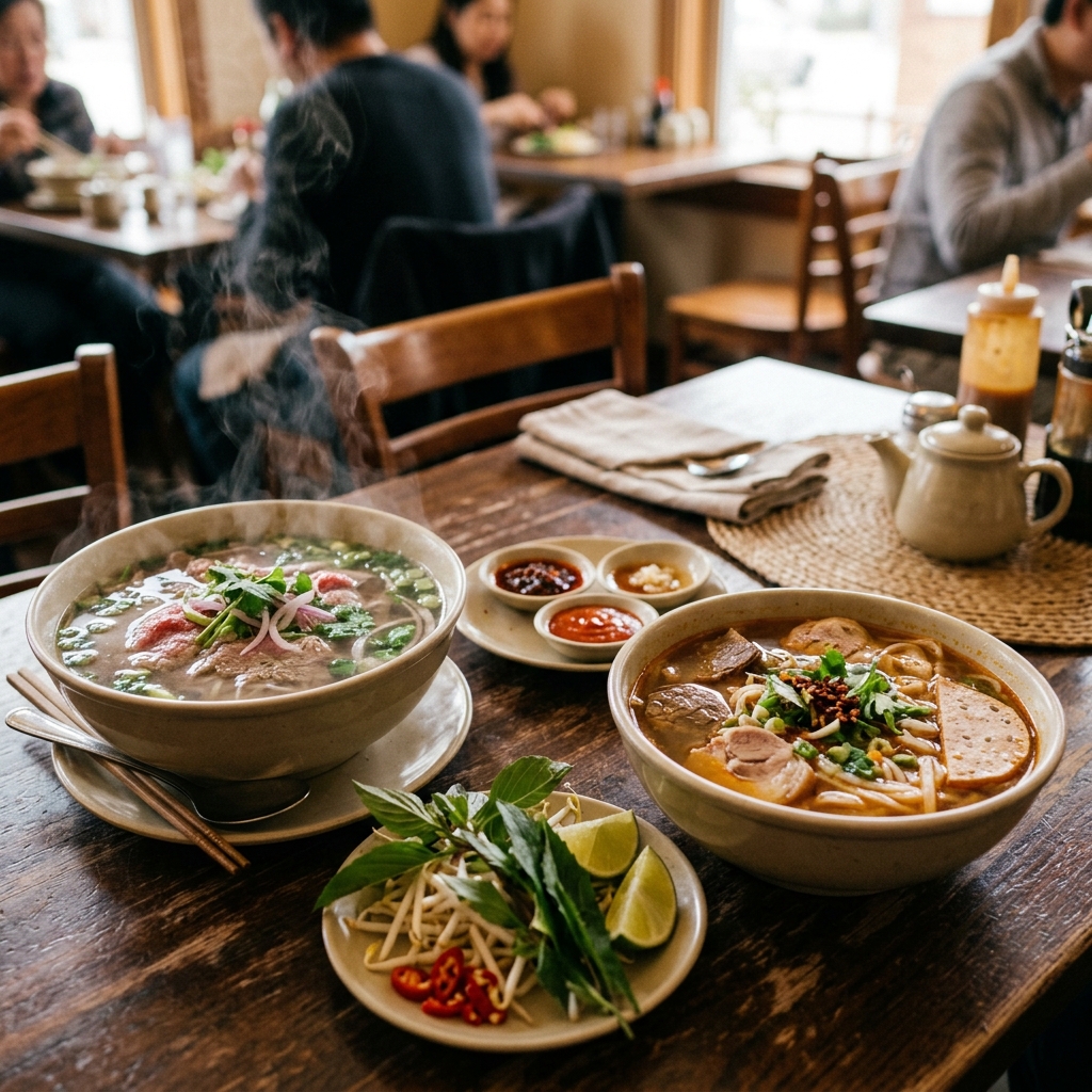 Steaming Vietnamese noodle soup bowl with herbs and chile oil