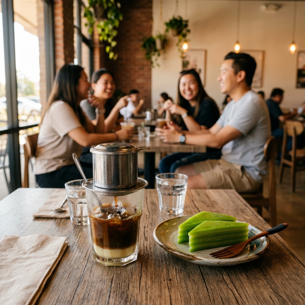 Vietnamese iced coffee and cafe table in Little Saigon