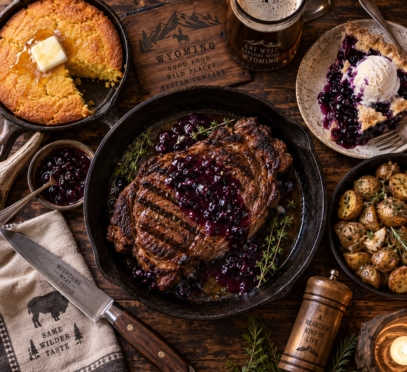 An overhead flat-lay photograph of a hearty Wyoming mountain feast featuring a grilled wild bison ribeye steak with wild huckleberry sauce, skillet cornbread, and warm huckleberry pie on a dark timber table