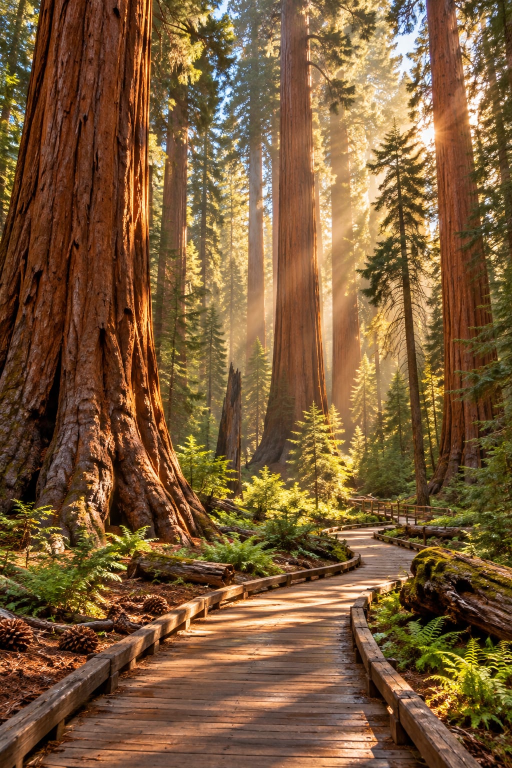An eye-level atmospheric afternoon photograph deep inside the Mariposa Grove of Giant Sequoias in Yosemite National Park, showing colossal reddish-cinnamon tree trunks rising hundreds of feet toward the sky, golden shafts of sunlight filtering through evergreen canopies casting god rays onto a winding wooden boardwalk trail