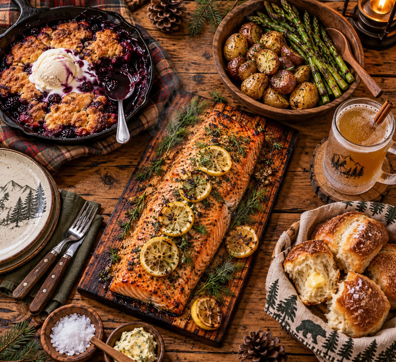 An overhead flat-lay food photograph of a hearty Sierra Nevada mountain lodge feast served on a rustic rough-hewn pine table, featuring a smoking cedar-plank grilled wild king salmon fillet seasoned with fresh herbs and lemon slices, a cast-iron skillet of bubbling blackberry cobbler with a melting scoop of vanilla ice cream