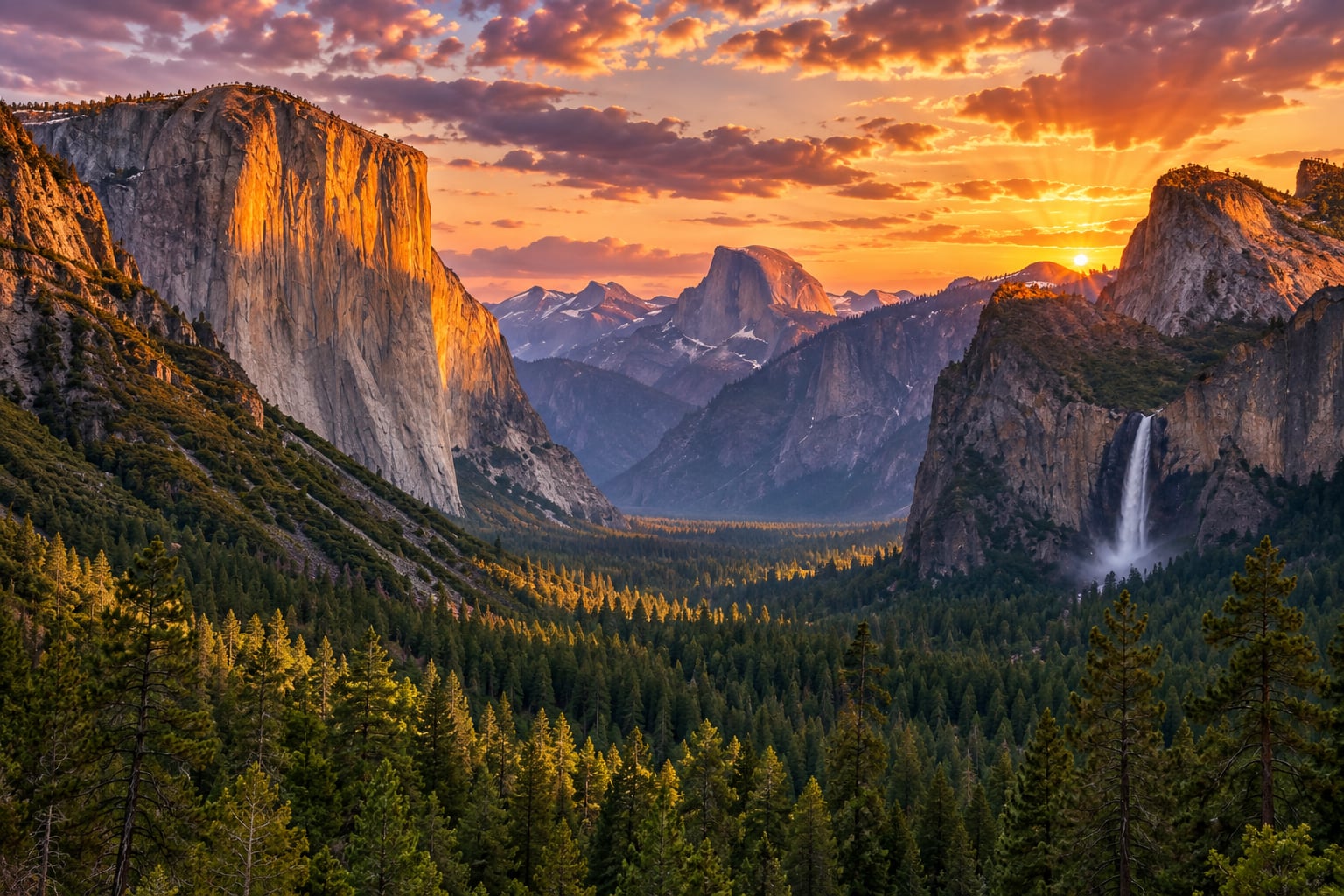 A wide-angle landscape photograph of Yosemite Valley from Tunnel View at golden hour sunset, showing the iconic massive sheer granite monolith of El Capitan on the left, Bridalveil Fall cascading gracefully on the right, and Half Dome rising majestically in the hazy purple distance