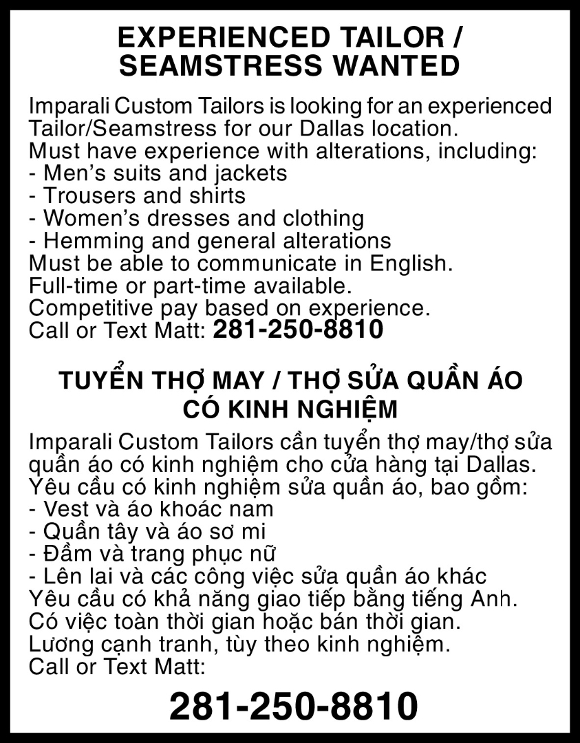 EXPERIENCED TAILOR / SEAMSTRESS WANTED