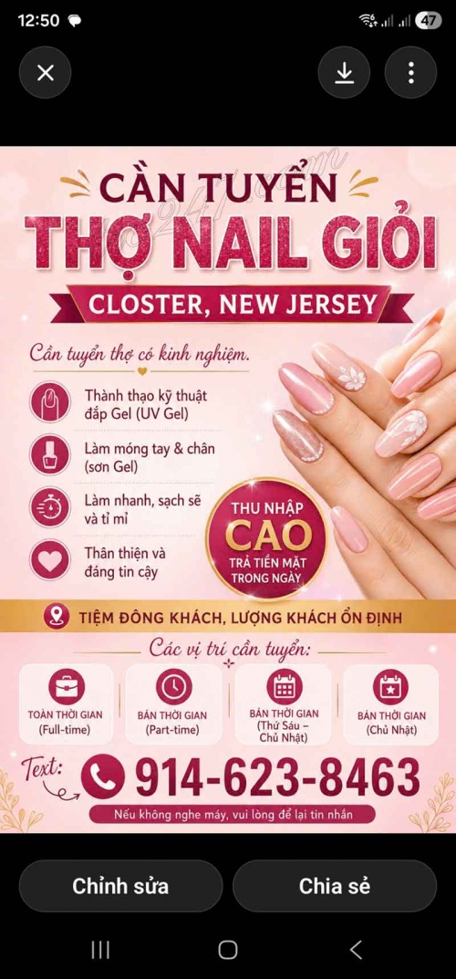 Tiệm Nail Cần Thợ Tại New Jersey – Tay chân nước, Gel