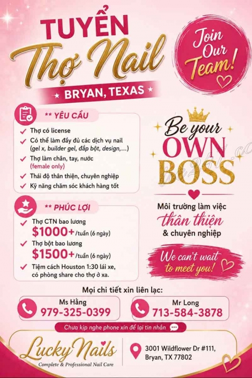 Việc Làm Nail Tại Bryan, Texas – Cần Thợ bột, Gel