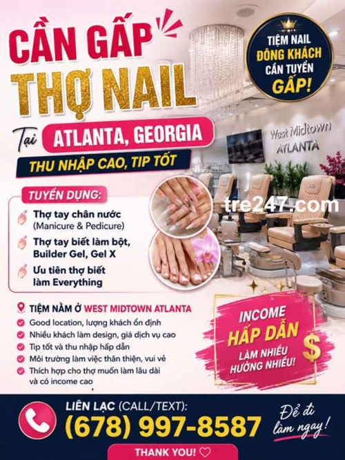 Tiệm Nail Cần Thợ Tại Atlanta, Georgia – Tay chân nước, Gel, Everything