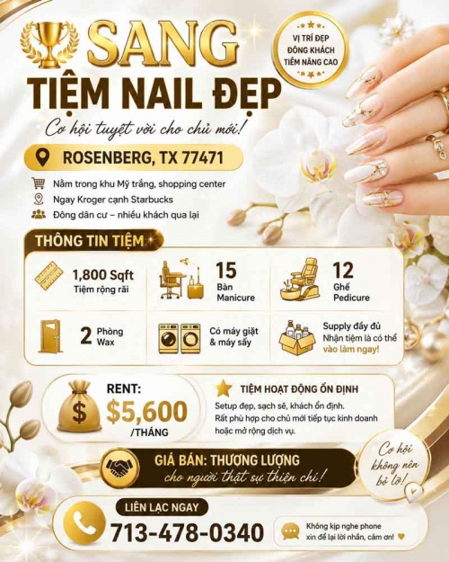 Tiệm Nail Cần Sang Tại Rosenberg, Texas – Rent $5,600/tháng