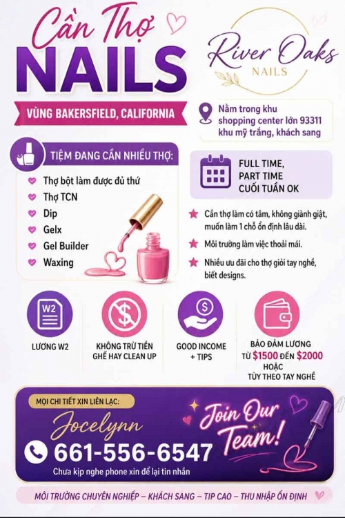 Tuyển Thợ Nail Bakersfield, California – Full time