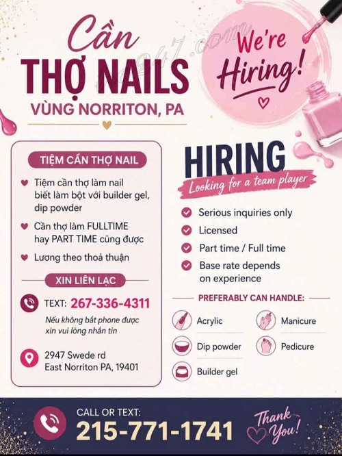 Tuyển Thợ Nail Ở Norristown, Pennsylvania – Thợ bột, Tay chân nước, Dip