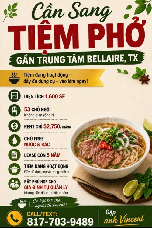 Cần sang tiệm phở gần trung tâm Bellaire, Texas