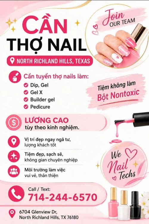 Cần Tuyển Thợ Nail Khu Huffman, Texas – Thợ bột, Tay chân nước