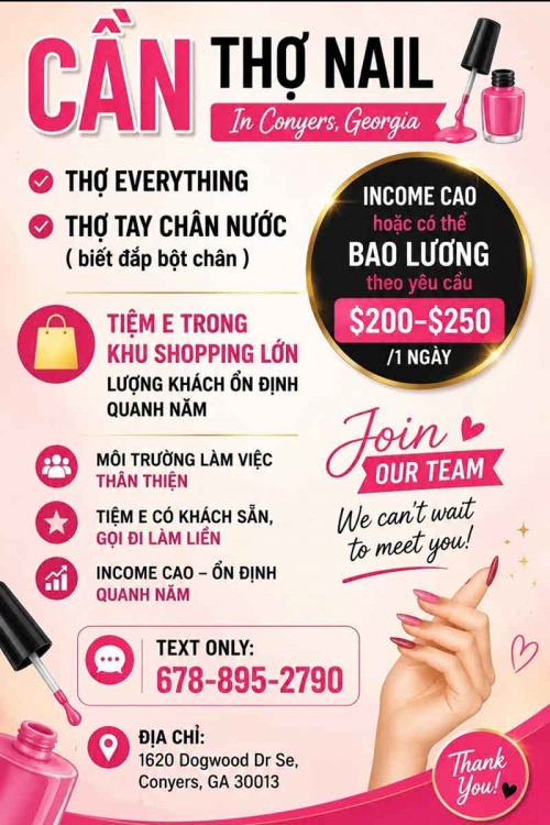 Tuyển Thợ Nail Macon, Georgia