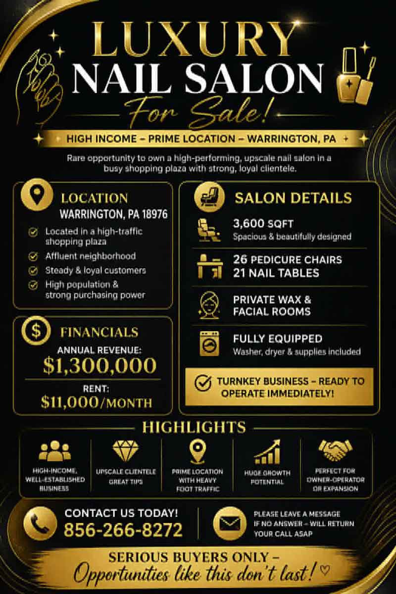 Siêu Phẩm Nail Salon – Doanh Thu Cao – Location Đẹp Tại Warrington, PA