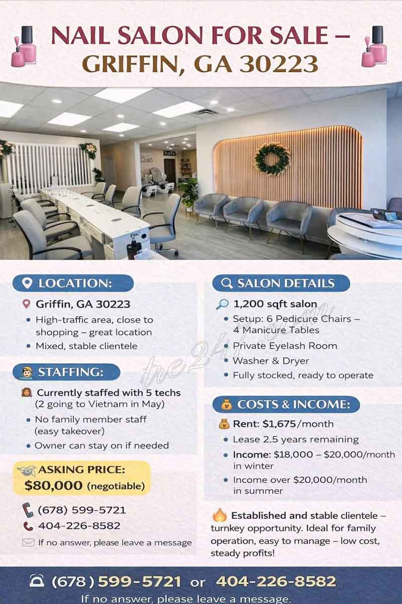 Cần Bán Tiệm Nail – Griffin, Ga 30223