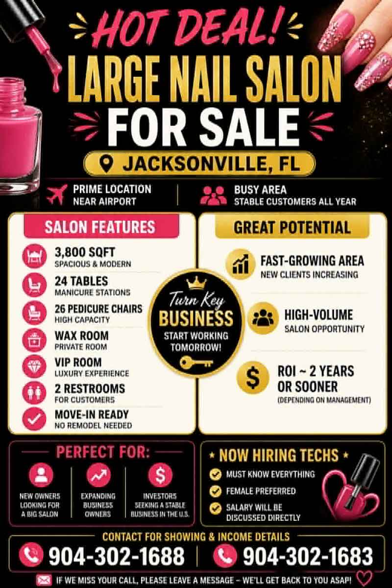 Hot Deal – Sang Tiệm Nail Quy Mô Lớn – Jacksonville, Fl