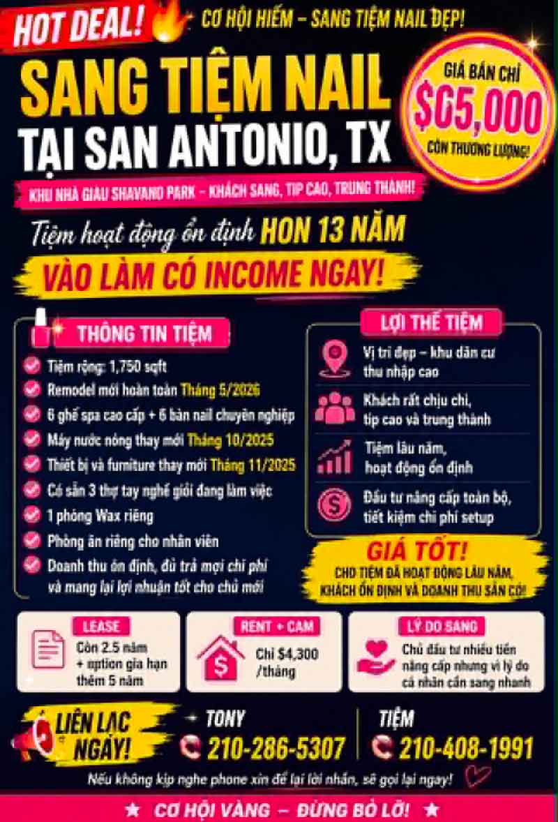 Sang Gấp Tiệm Nail Đẹp Tại San Antonio, TX