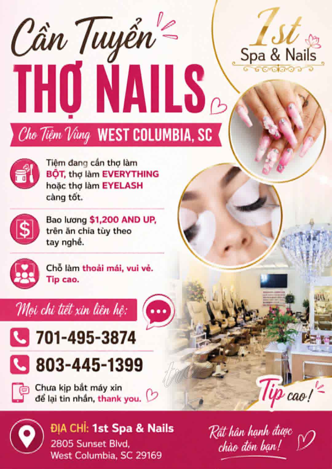 Cần Thợ Nails West Columbia, South Carolina - Bao Lương Hoặc Ăn Chia