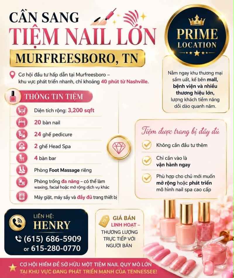 Sang Tiệm Nails Murfreesboro, Tennessee - Giá Sang Tốt
