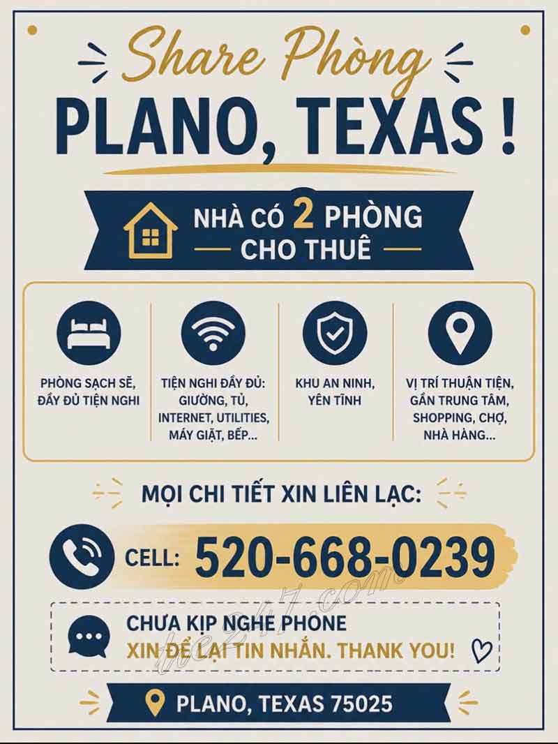 Cho Share Phòng - Plano, Texas !