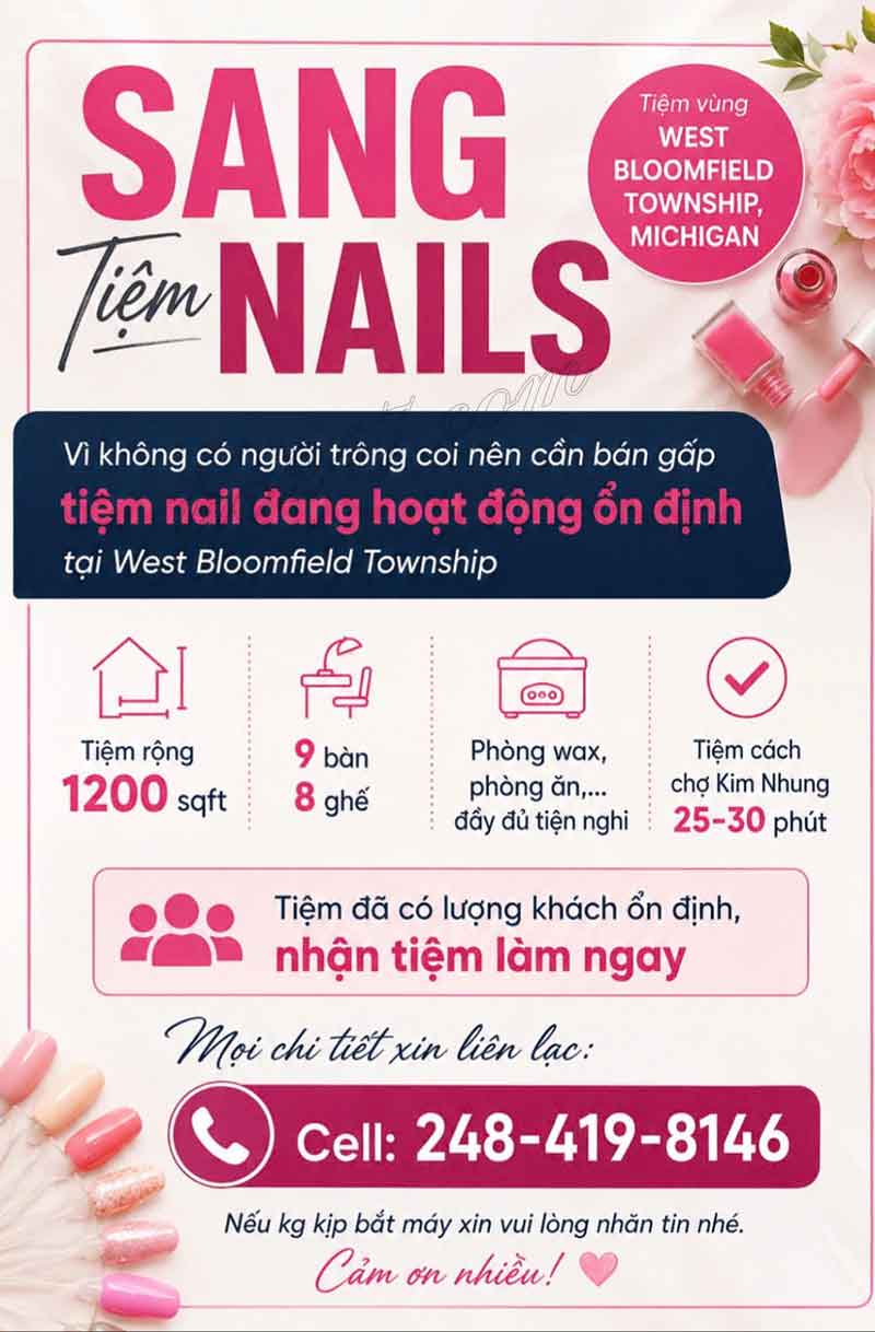 Sang Tiệm Nails West Bloomfield, Michigan - Vị Trí Tốt