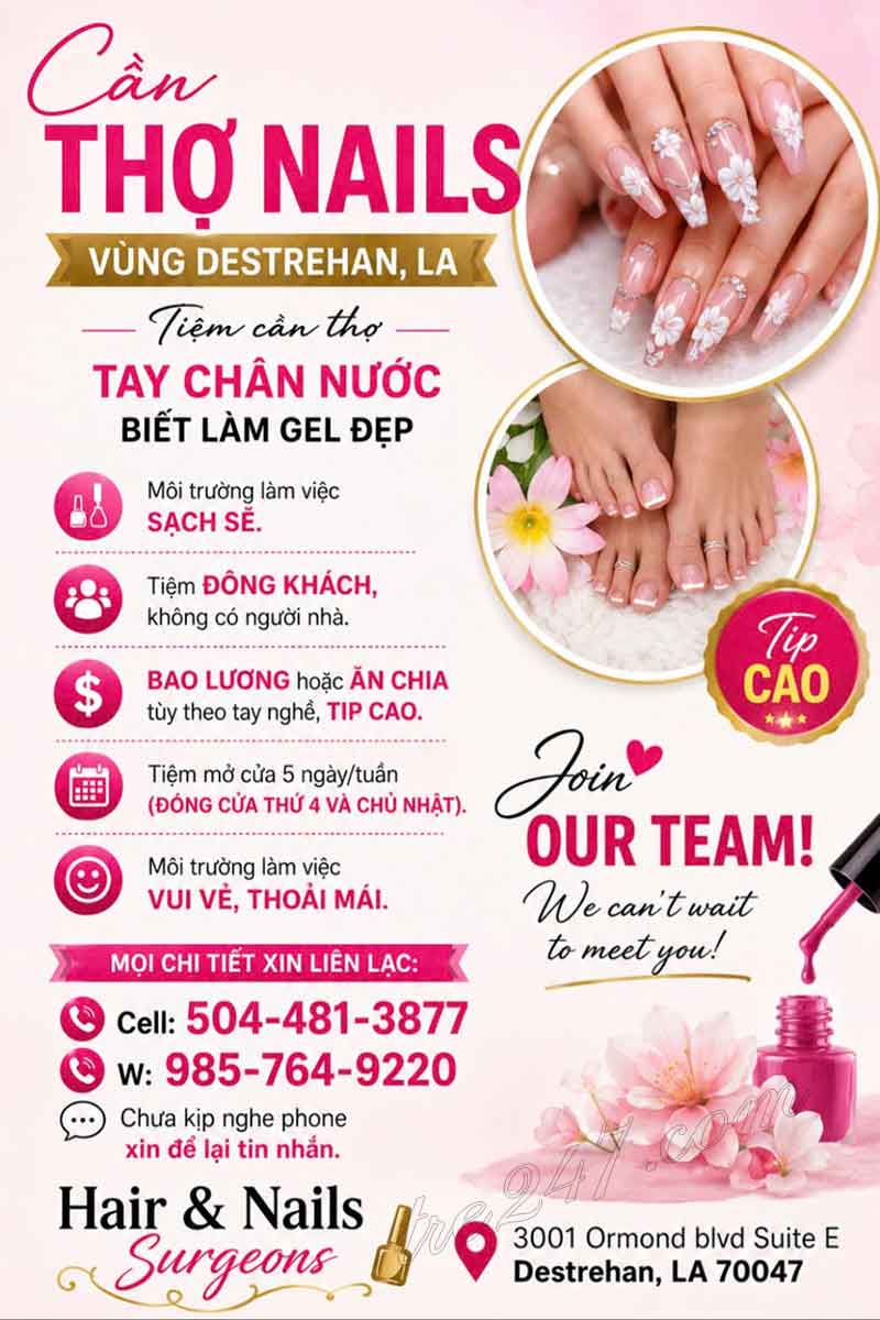 Cần Thợ Nails Destrehan, Louisiana - Bao Lương Hoặc Ăn Chia