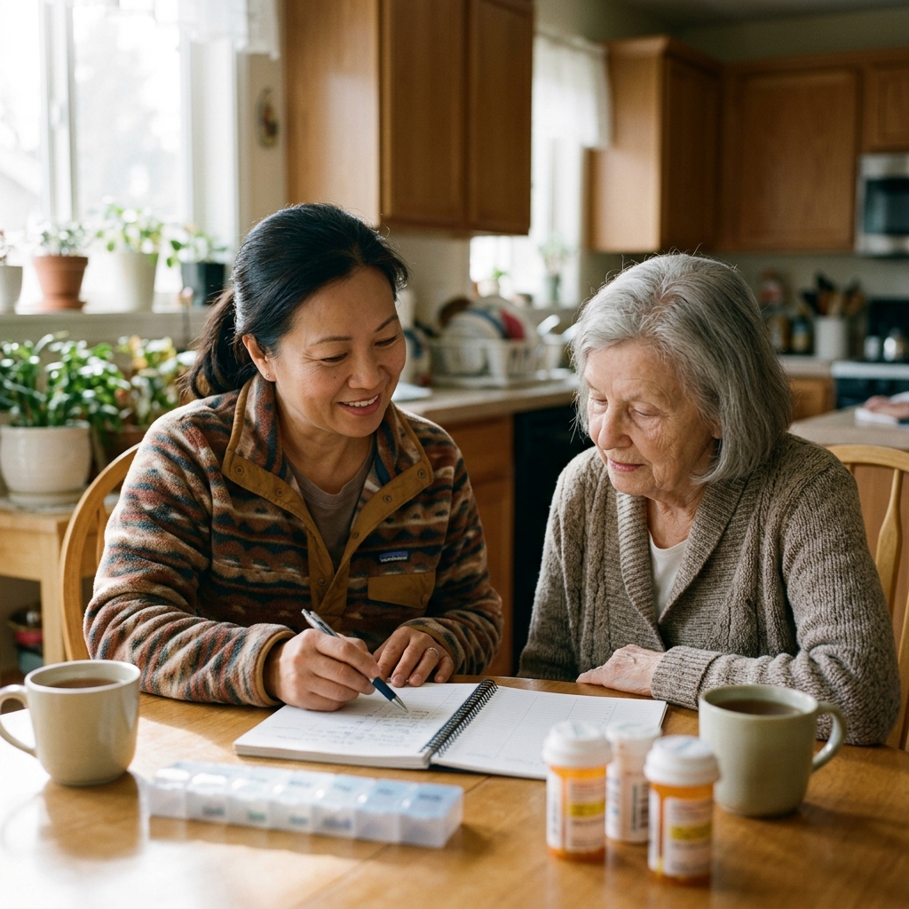 Caregiver người Việt ở Mỹ ngồi cùng người lớn tuổi và xem lịch chăm sóc trong căn bếp sáng