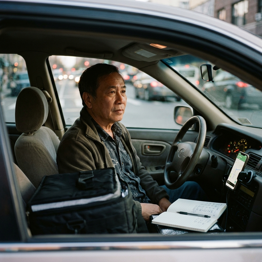 Tài xế người Việt ở Mỹ ngồi trong xe với túi delivery, notebook mileage và phone mount