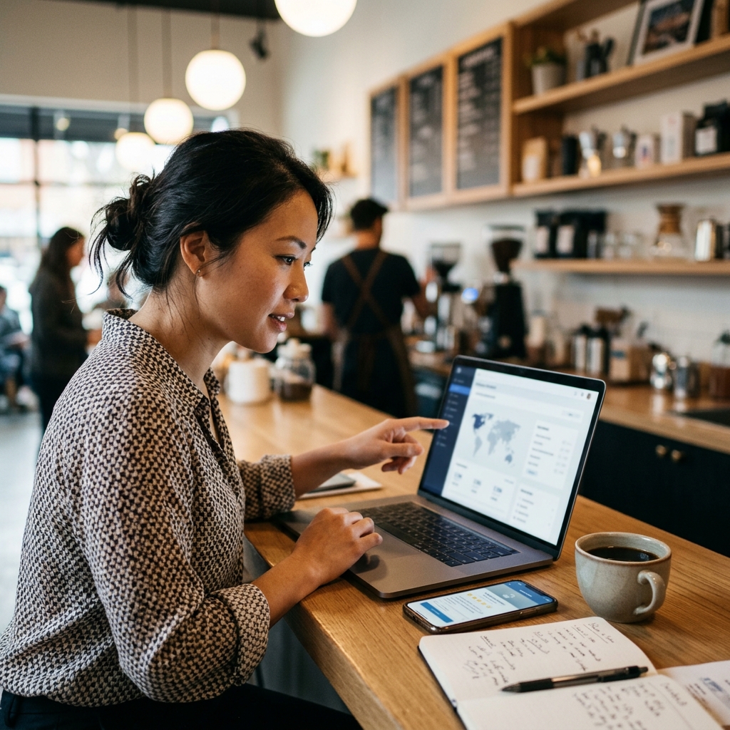 Chủ business Việt ở Mỹ xem laptop và điện thoại để cập nhật hồ sơ doanh nghiệp local online