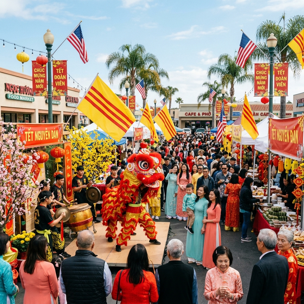 A Vietnamese American Tết festival in Southern California with families, food stalls and lion dance
