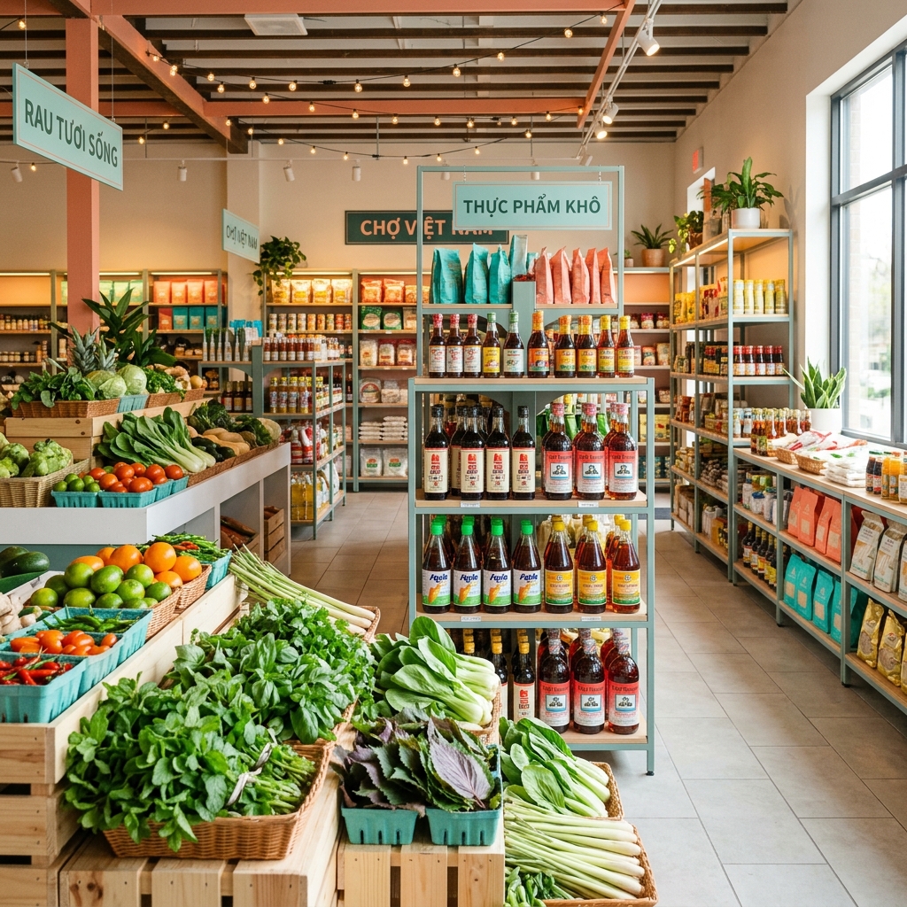 Bright Vietnamese market shelves stocked with sauces and fresh herbs
