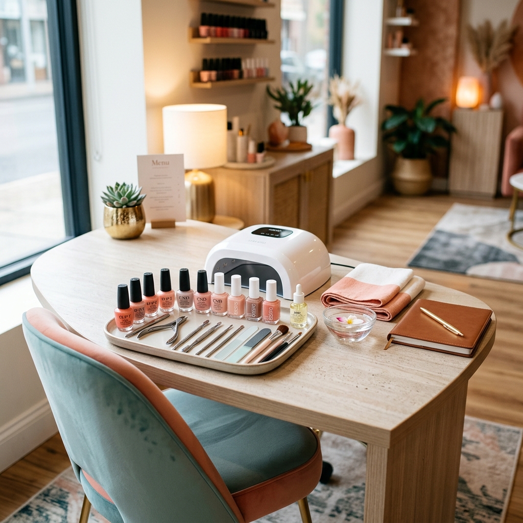 Bàn làm nail chuyên nghiệp với đầy đủ dụng cụ trong tiệm hiện đại