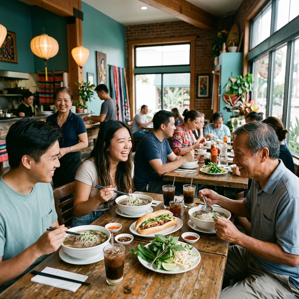 Vietnamese restaurant in San Diego with bowls of phở, bánh mì, herbs and families dining