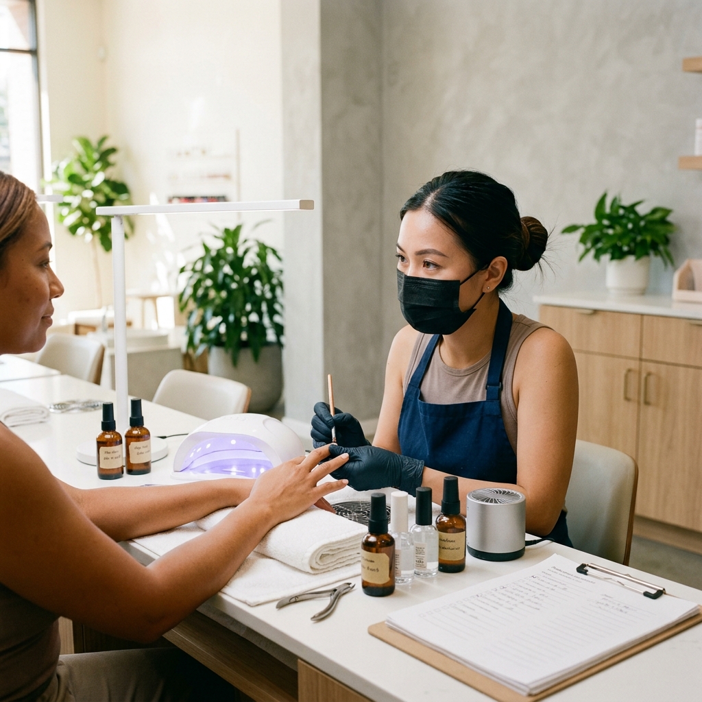 Một tiệm nail hiện đại với thợ nail người Việt đang làm gel manicure, sản phẩm được sắp xếp sạch sẽ và có checklist thành phần