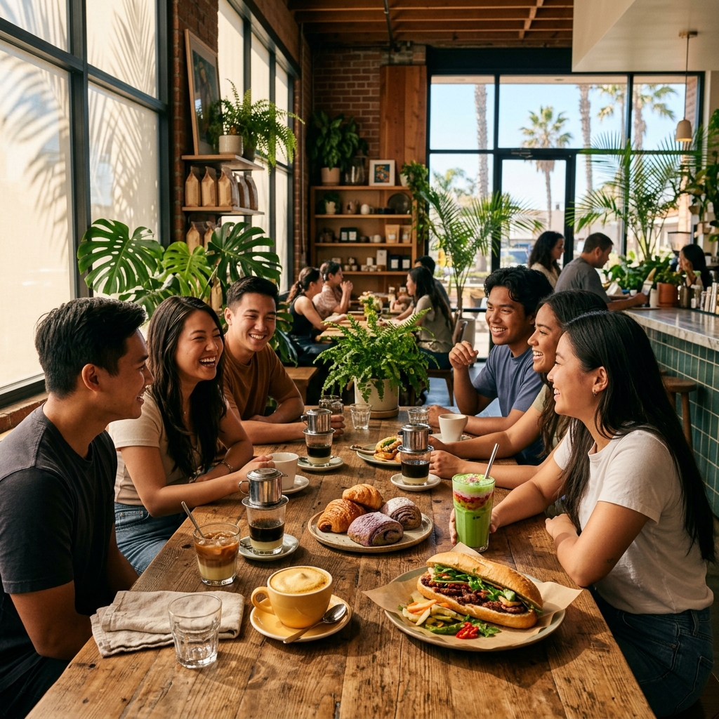 Modern Vietnamese coffee shop in San Diego with phin filters, iced coffee, egg coffee, pandan drinks and bánh mì