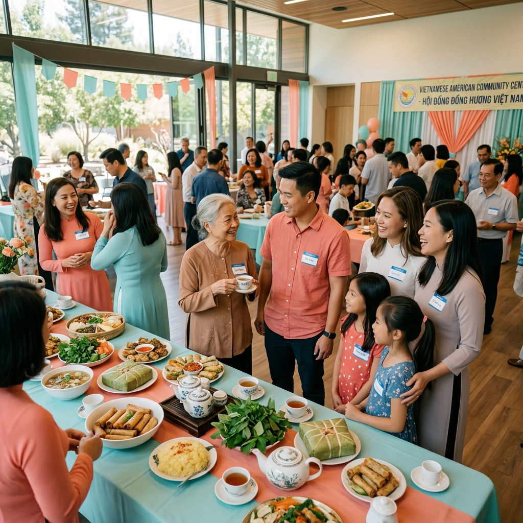 Vietnamese American families gathering at a community center with food, tea and conversation