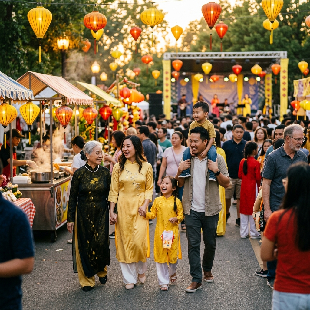 Gia đình người Việt đi festival cộng đồng ở Mỹ với gian hàng đồ ăn và không khí vui tươi