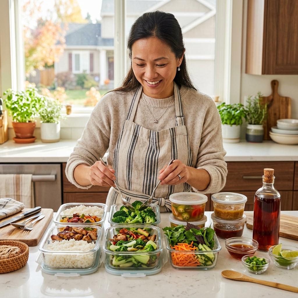 Bếp nhà người Việt ở Mỹ với các hộp meal prep cơm, rau, thịt nướng, canh và herbs