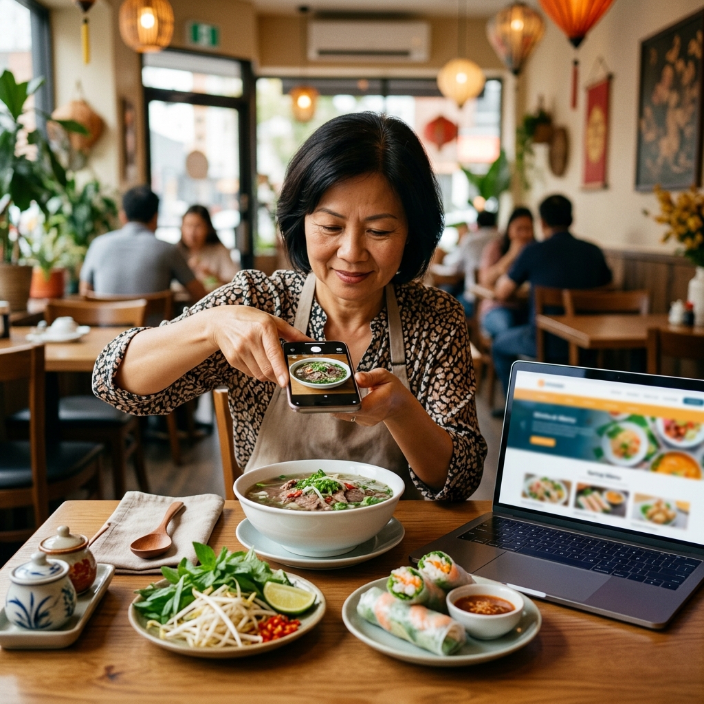 Chủ quán Việt ở Mỹ chụp ảnh món ăn và chỉnh menu online trên laptop trong nhà hàng nhỏ